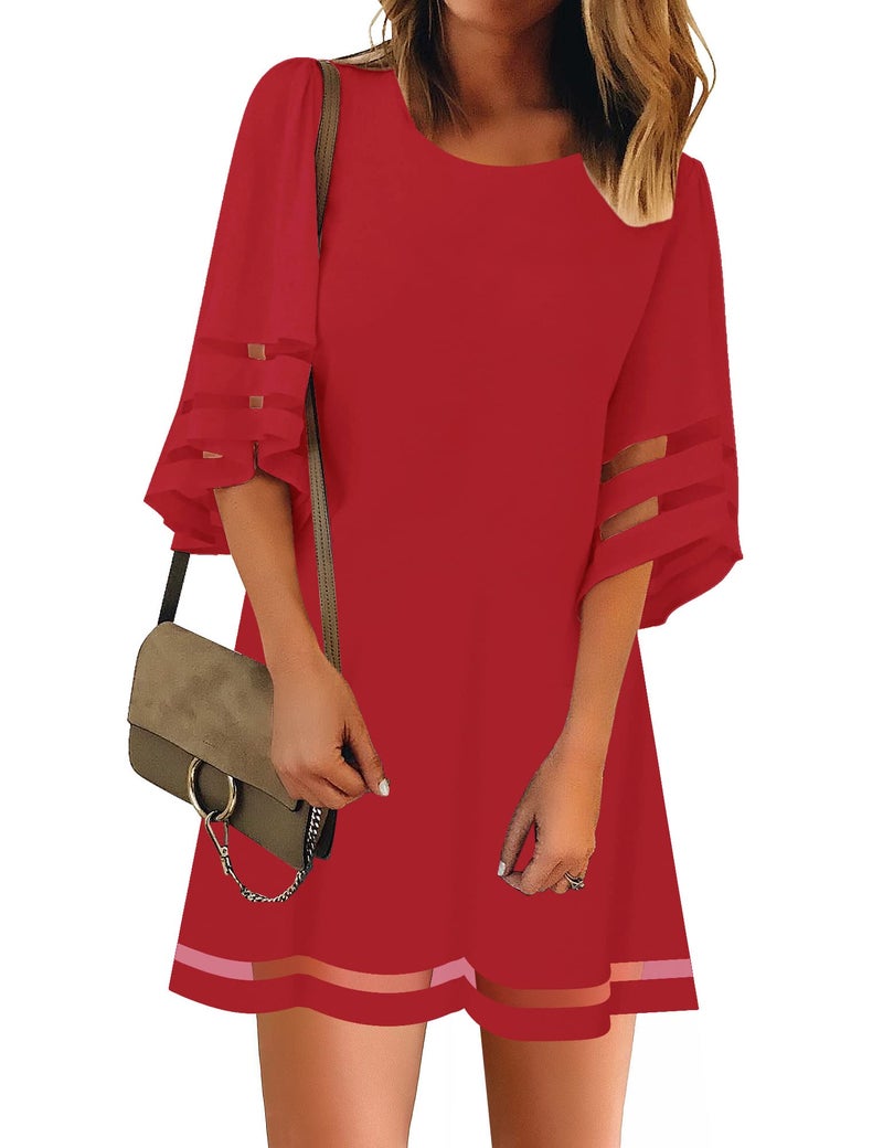 LookbookStore Red Dresses for Women Valentine's Day Dress True Red Elegant Dress for Valentines Day 2026 Casual Summer Wedding Guest Red Dress Women Bell Sleeve Tunic Shift Short Dress Size L - Image 1