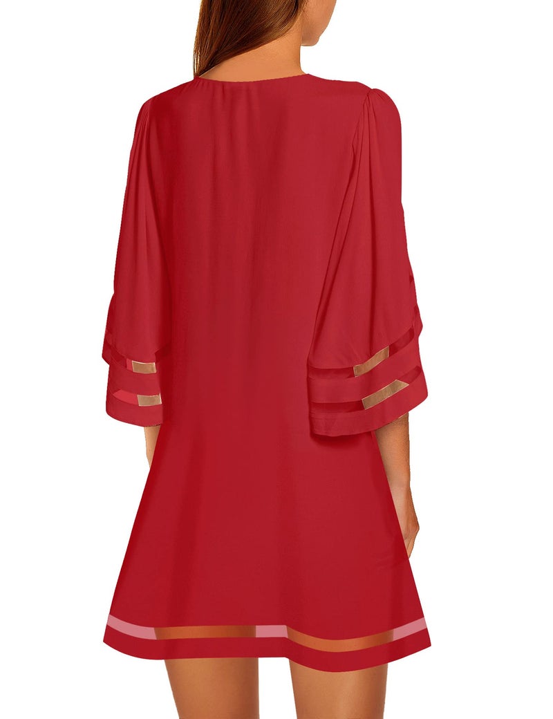LookbookStore Red Dresses for Women Valentine's Day Dress True Red Elegant Dress for Valentines Day 2026 Casual Summer Wedding Guest Red Dress Women Bell Sleeve Tunic Shift Short Dress Size L - Image 2