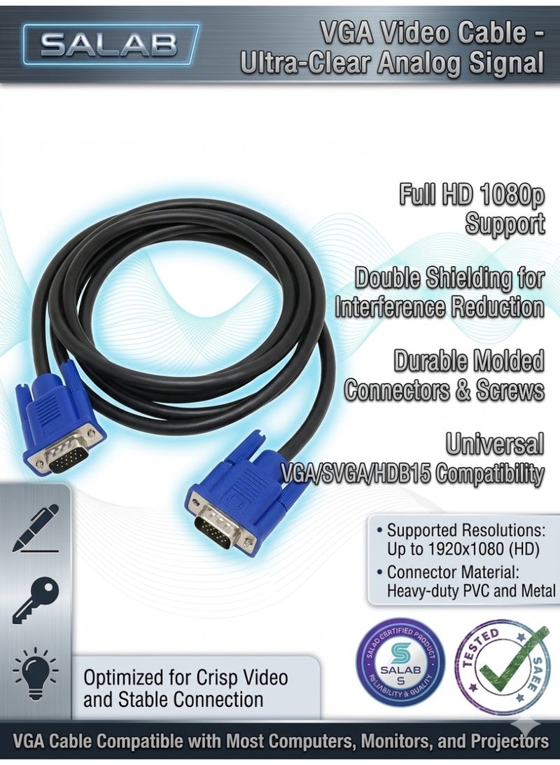 Salab 1080P Full HD 15 pin Male To Male vga cable cord for Projector,PC,Monitor & LCD supports high definition video vga cable and image resolutions on display vga cable 1.5 Mtr - Image 1