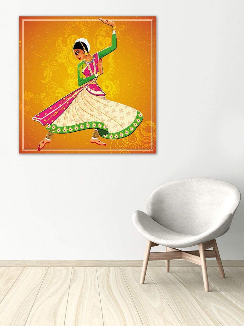 999STORE Wooden Framed Printed Woman Performing Kathak Classical Dance Canvas Painting 24X24 Inches