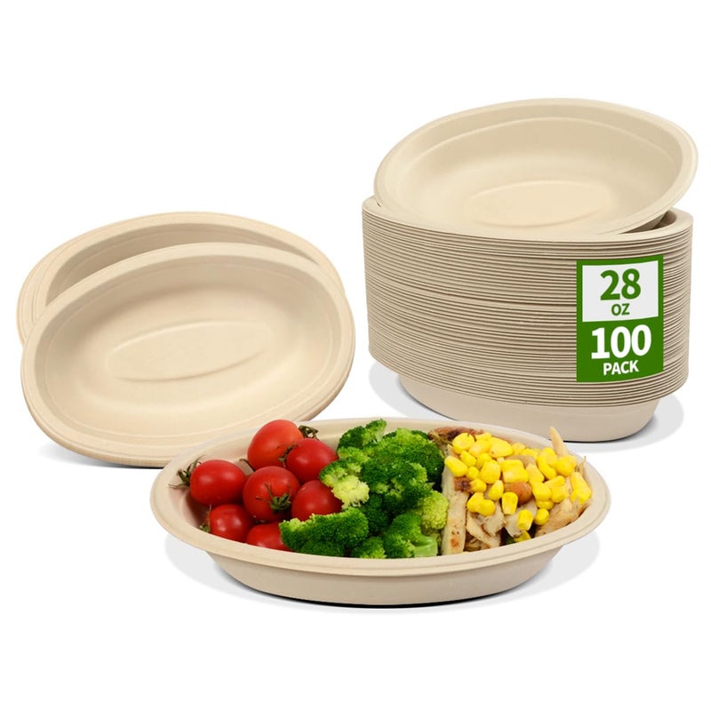 AICHEF 28 oz Oval Paper Bowls 100 Pack Disposable Chi-potle Style Oval Bowls for Burrito Roll, Nacho, Baked Potato, Taco Salads, Nacho Potato Bar Supplies - Image 1