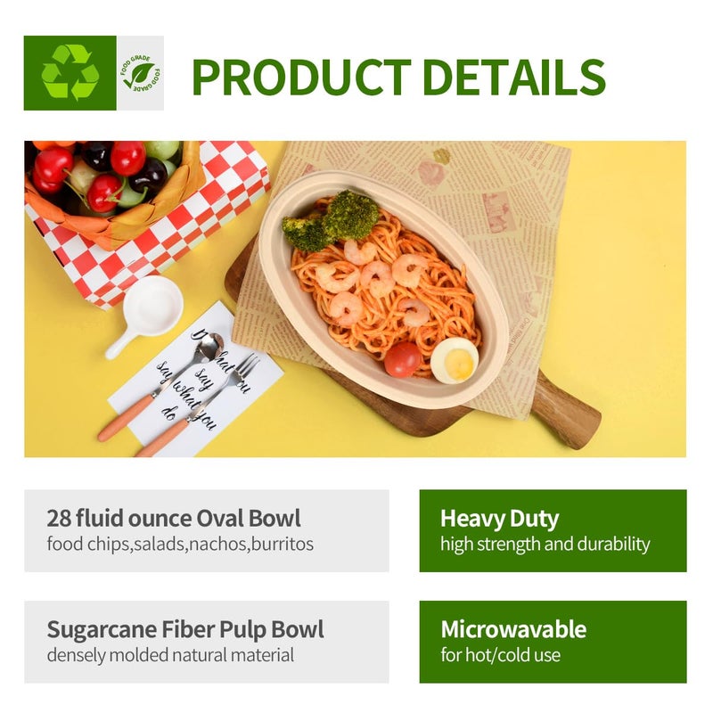 AICHEF 28 oz Oval Paper Bowls 100 Pack Disposable Chi-potle Style Oval Bowls for Burrito Roll, Nacho, Baked Potato, Taco Salads, Nacho Potato Bar Supplies - Image 2