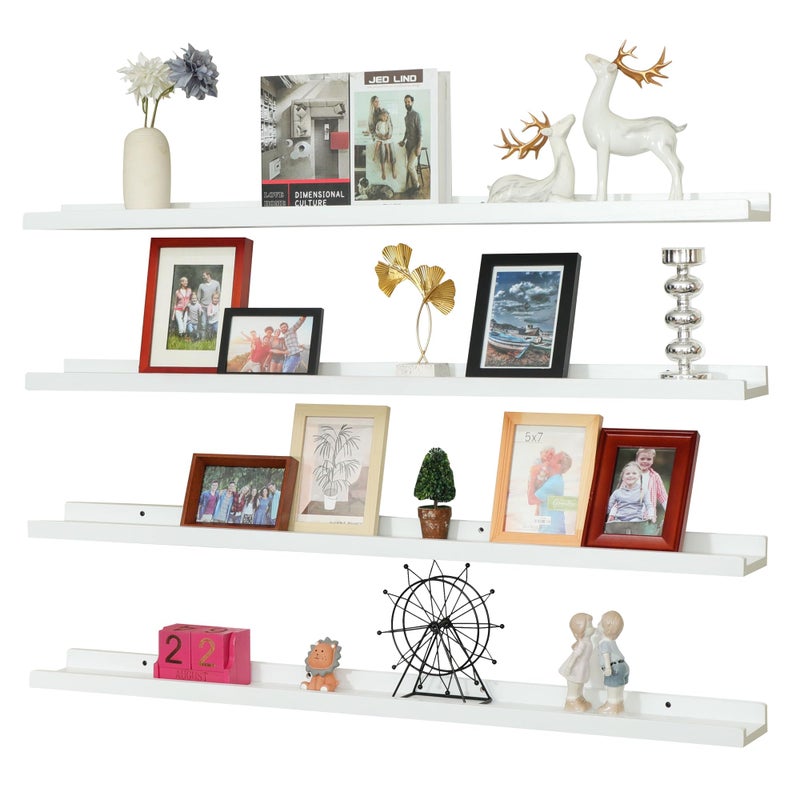 PHOENANCEE Long Floating Shelves for Wall 47 InchReal Wood Picture Ledge with Lip Set of 4Photo Frame Storage Display for Living Room Nursery Bedroom Bathroom Kitchen Home Office Decor White