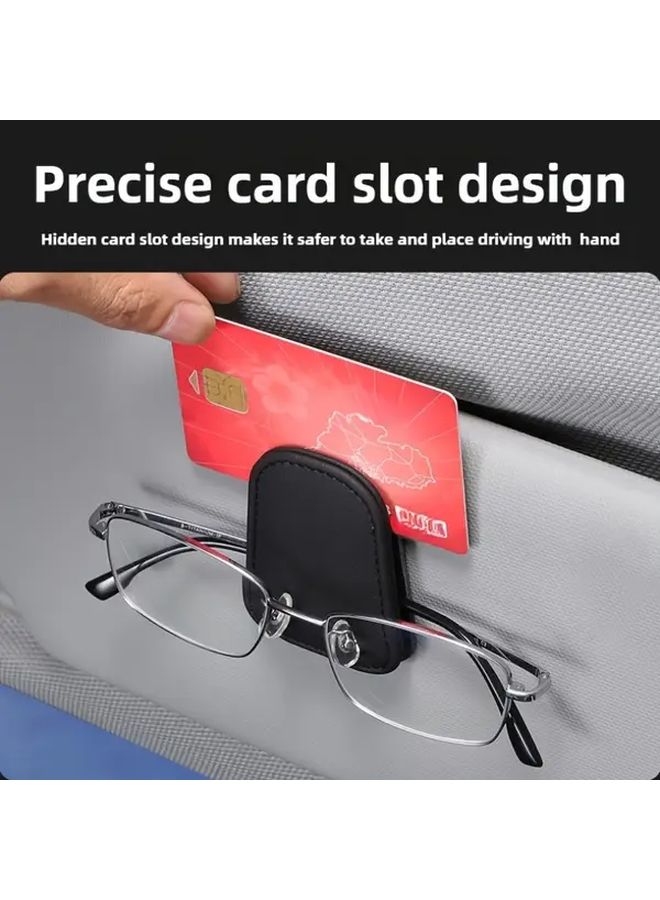 Beige Magnetic Faux Leather Car Sun Visor Glasses Holder With Clip Card Slot - Image 2