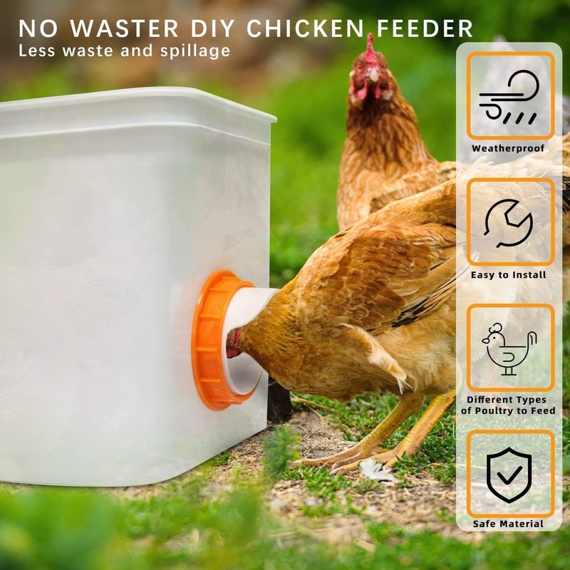 DSTANA Chicken Feeder Port, 6 Pack Chicken Feeders No Waste with 6 Lids 1 Drill Bit, DIY Automatic Poultry Feeder Cups Kit, Chicken Bucket Feeder for Barrels ((Orange) - Image 3