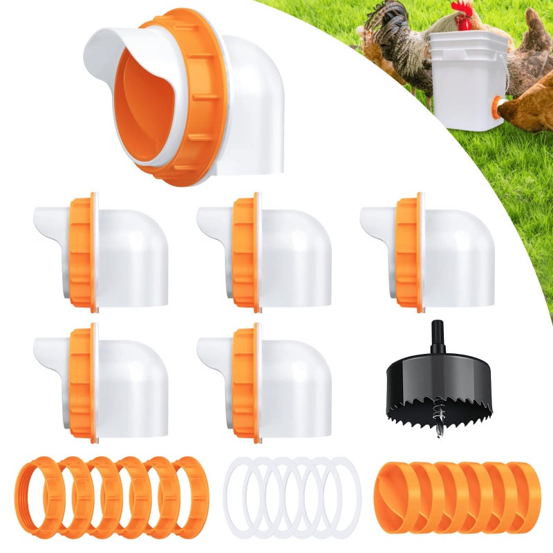 DSTANA Chicken Feeder Port, 6 Pack Chicken Feeders No Waste with 6 Lids 1 Drill Bit, DIY Automatic Poultry Feeder Cups Kit, Chicken Bucket Feeder for Barrels ((Orange) - Image 1