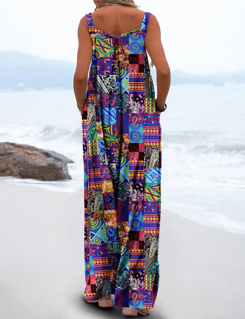 YESNO Women's Summer Casual Overalls Loose Wide Leg Jumpsuits Boho Floral Printed Baggy Rompers with Pockets M PZH CRP002B - Image 4