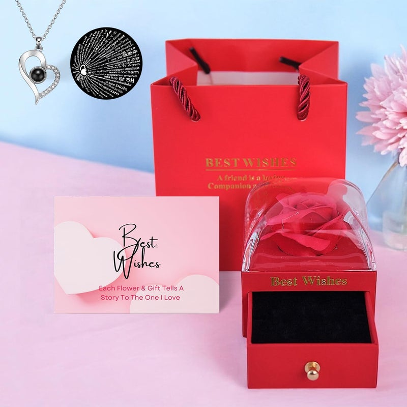 ascension Eternal Rose Gift Box with Heart Necklace Fresh Roses Box Gift for Girlfriend Boyfriend Newlyweds Rose Flower with Jewelry Storage Box Roses Gift for Valentines Day Birthday Anniversary - Image 5
