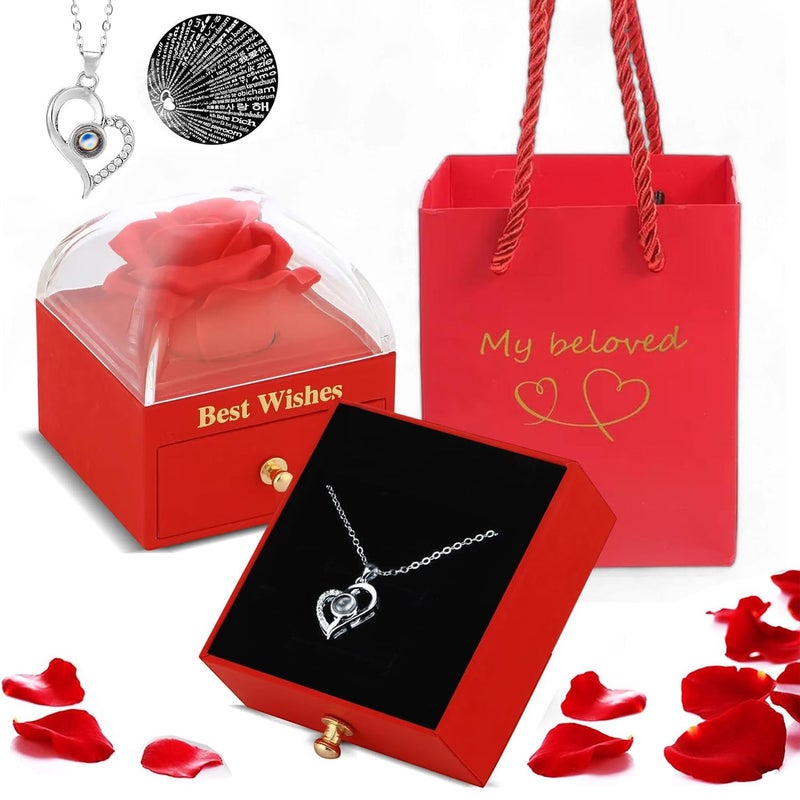 ascension Eternal Rose Gift Box with Heart Necklace Fresh Roses Box Gift for Girlfriend Boyfriend Newlyweds Rose Flower with Jewelry Storage Box Roses Gift for Valentines Day Birthday Anniversary - Image 1