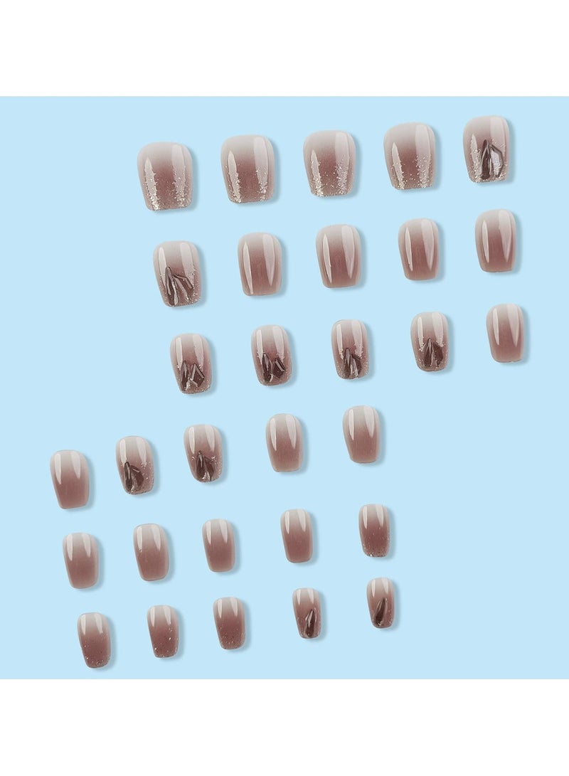 Goolsky Press On Nails Gradient Ice Coffee – Full Rhinestone Glossy Nail Tips 30pcs Sizing Set, Reusable, Sparkling Party/Formal Wear - Image 3