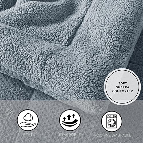 KASENTEX Super Ultra Soft Luxury Plush Sherpa Comforter, Cozy Reversible Faux Fur Machine Washable Bedding, Grey Blue, Queen Size - Image 3