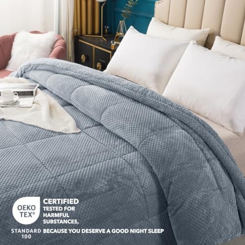 KASENTEX Super Ultra Soft Luxury Plush Sherpa Comforter, Cozy Reversible Faux Fur Machine Washable Bedding, Grey Blue, Queen Size - Image 2