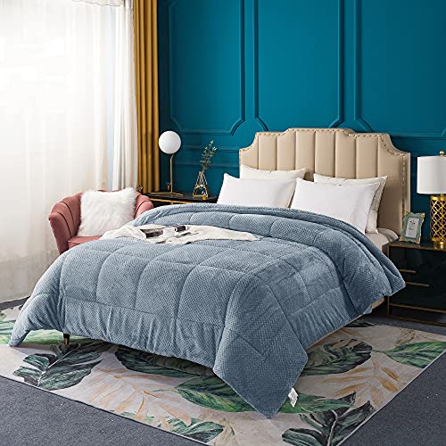KASENTEX Super Ultra Soft Luxury Plush Sherpa Comforter, Cozy Reversible Faux Fur Machine Washable Bedding, Grey Blue, Queen Size - Image 4
