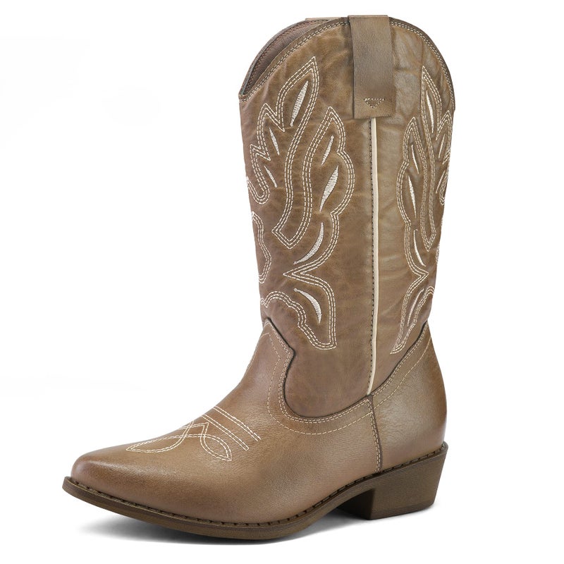 mysoft Women's Western Cowboy Boots Embroidered Mid-Calf Pointed Toe Cowgirl Boot - Image 1