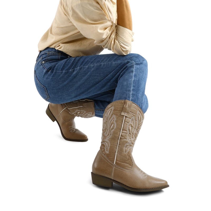 mysoft Women's Western Cowboy Boots Embroidered Mid-Calf Pointed Toe Cowgirl Boot - Image 2