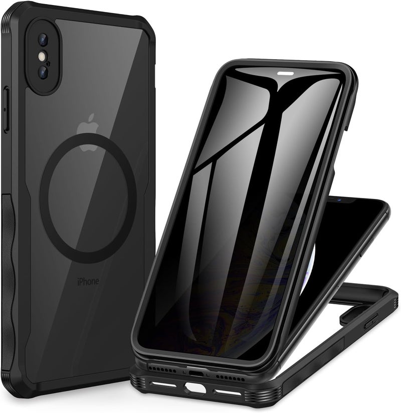 CENHUFO Magnetic Anti-Spy Case for iPhone XS Max, [Compatible with MagSafe] Built-in 9H Tempered Glass Screen Protector, 360 Degree Shockproof Phone Cover Double Sided Case – Black Global light sturdy raw material - Image 1