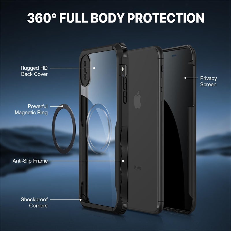CENHUFO Magnetic Anti-Spy Case for iPhone XS Max, [Compatible with MagSafe] Built-in 9H Tempered Glass Screen Protector, 360 Degree Shockproof Phone Cover Double Sided Case – Black Global light sturdy raw material - Image 3