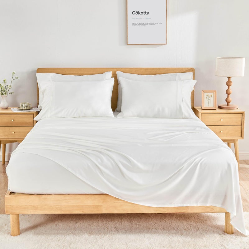 GOKOTTA Queen Size Bed Sheets 6 Piece Set 100 Rayon Derived from Bamboo Cooling for Hot SleepersLuxury Breathable Soft Sheets Deep Pocket 16 Fitted Sheet with Elastic Corner Straps Bright White