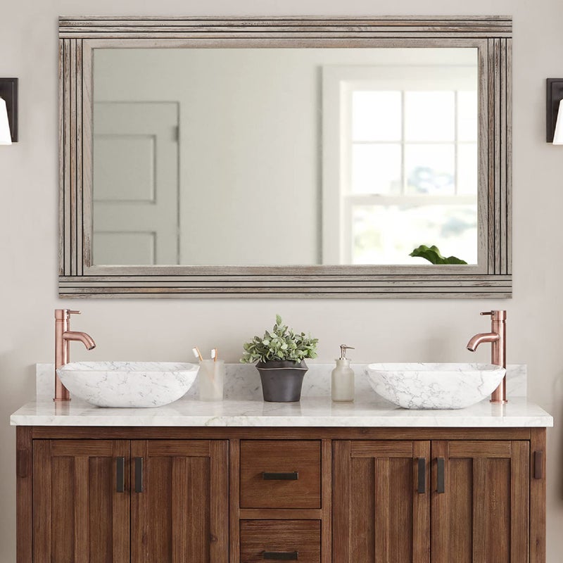 YOSHOOT HandMade Wooden Spliced Wall Mirror for Bathroom Rustic Farmhouse Vanity Mirror Dcor Wall Art Solid Wood Frame Vertical or Horizontal Hanging
