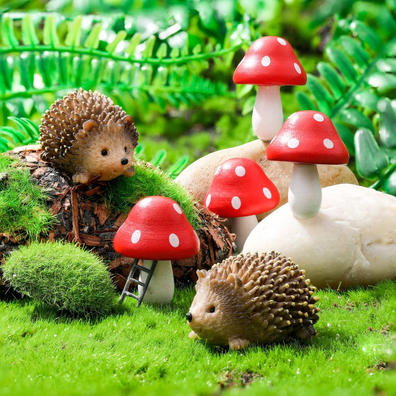 Queekay Resin Hedgehogs  Wood Mushroom Sculpture Fairy Wild Garden Supplies 6 Pieces Red Handmade Decor