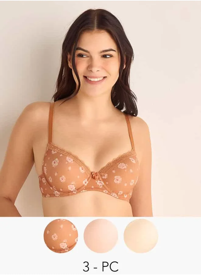 فاف Set of 3 - Assorted Demi Bra with Hook and Eye Closure