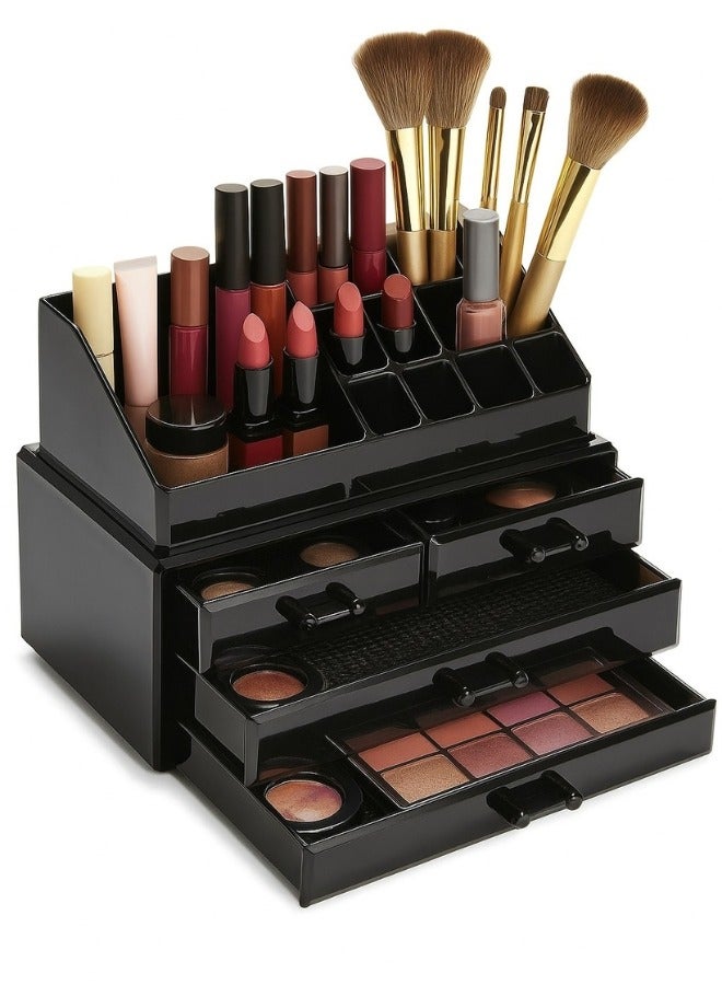 Acrylic Makeup Organizer with 20 Compartments and 4 Drawers - Multi-Functional Organizer Box for Eyeshadow, Lipstick, Jewelry, Nail Polish and More - Black - Image 1