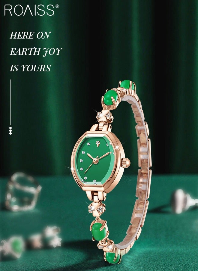 roaiss Women's Fashion Quartz Watch Analog Display Tonneau Shaped Dial Green Bracelet Crystal Diamond Bracelet Luxury Waterproof Wristwatch as Gift for Women - Image 3