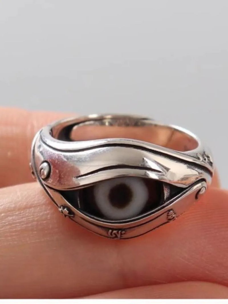 Retro 925 Silver Buddha Eye Ring, Tibetan Tianzhu Inlaid Adjustable Ring, Vintage Amulet Jewelry for Men & Women - Image 2