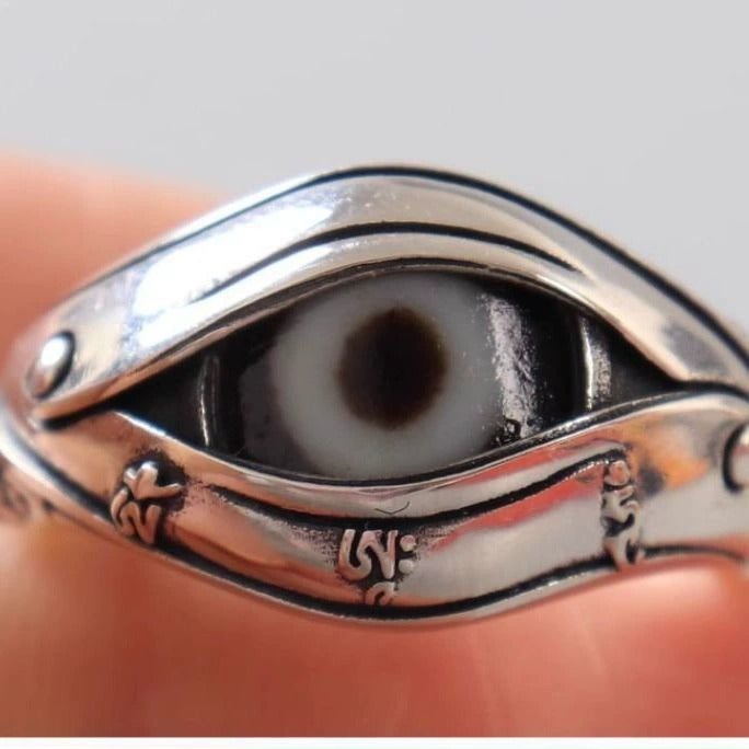Retro 925 Silver Buddha Eye Ring, Tibetan Tianzhu Inlaid Adjustable Ring, Vintage Amulet Jewelry for Men & Women - Image 5