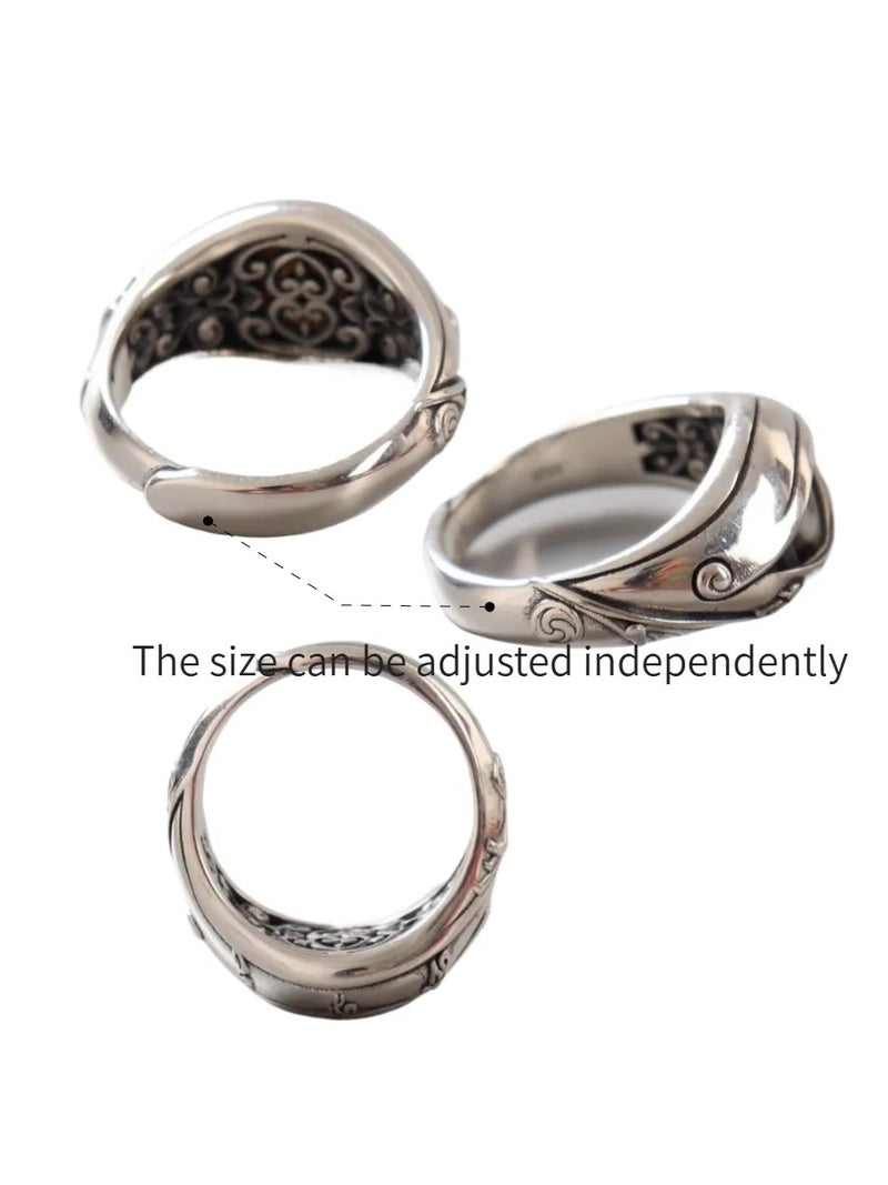 Retro 925 Silver Buddha Eye Ring, Tibetan Tianzhu Inlaid Adjustable Ring, Vintage Amulet Jewelry for Men & Women - Image 4