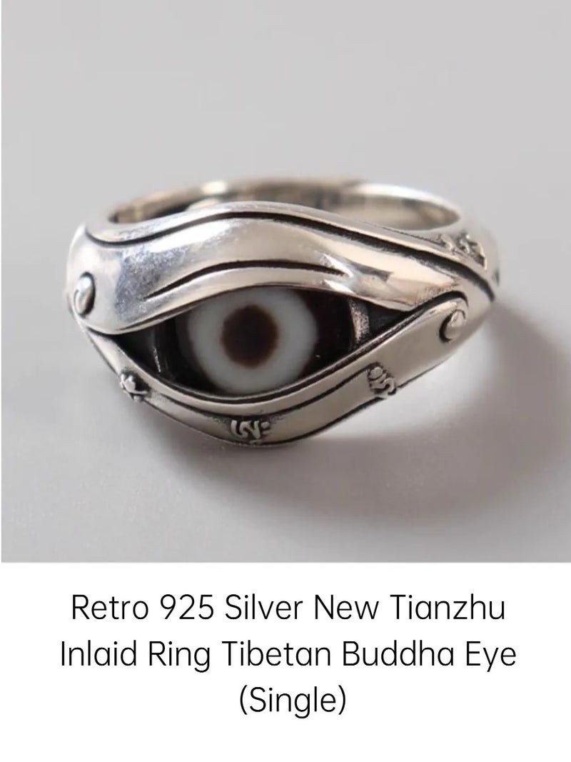 Retro 925 Silver Buddha Eye Ring, Tibetan Tianzhu Inlaid Adjustable Ring, Vintage Amulet Jewelry for Men & Women - Image 1