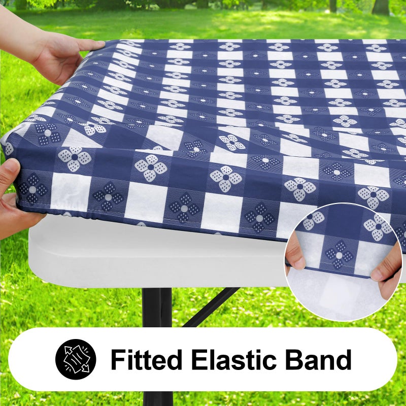 Spotjoy Rectangle Vinyl Table Cloth  Waterproof Elastic Fitted Tablecloth with Flannel Backing  Plastic Table Cover for Picnic  Camping  Outdoor (White & Navy  30""x48"") - Image 2