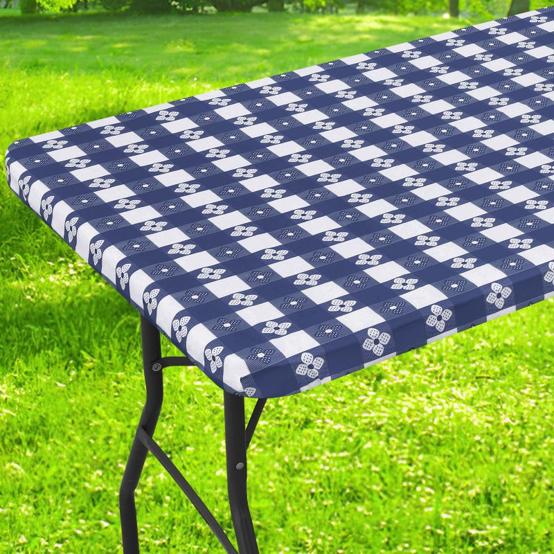 Spotjoy Rectangle Vinyl Table Cloth  Waterproof Elastic Fitted Tablecloth with Flannel Backing  Plastic Table Cover for Picnic  Camping  Outdoor (White & Navy  30""x48"") - Image 1