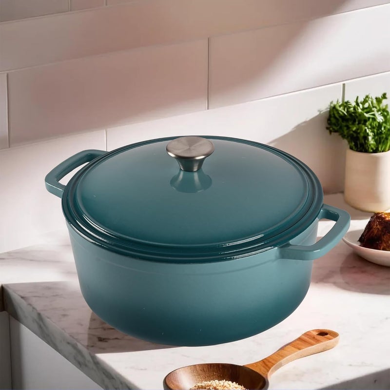 Kuber Industries Kuber Industries Enamel Coated Induction Base Hard Anodised Non Stick Cast Iron Dutch Oven with Lid & Handles | Cook & Serve Dutch Oven Cast Iron Handi for Cooking | Ombre - Ferozi  - Image 1