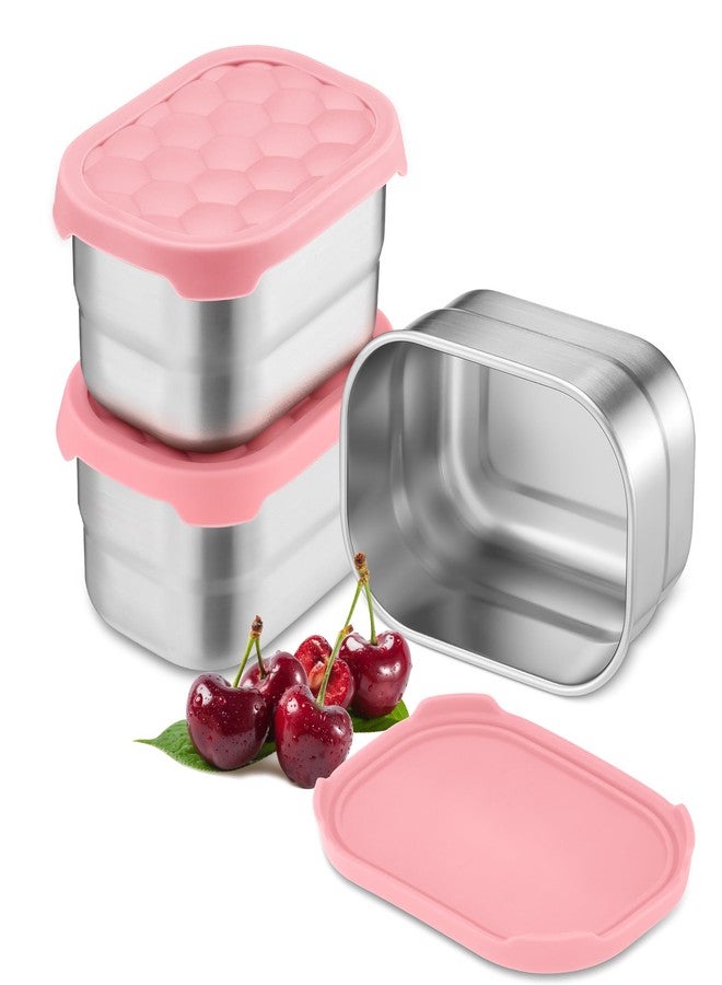E-far Stainless Steel Snack Containers for Kids and Toddlers, 8oz Small Food Storage Container with Leak-proof Silicone Lid, Metal Child Lunch Box for School Daycare Picnic, 3 Packs, Pink - Image 1