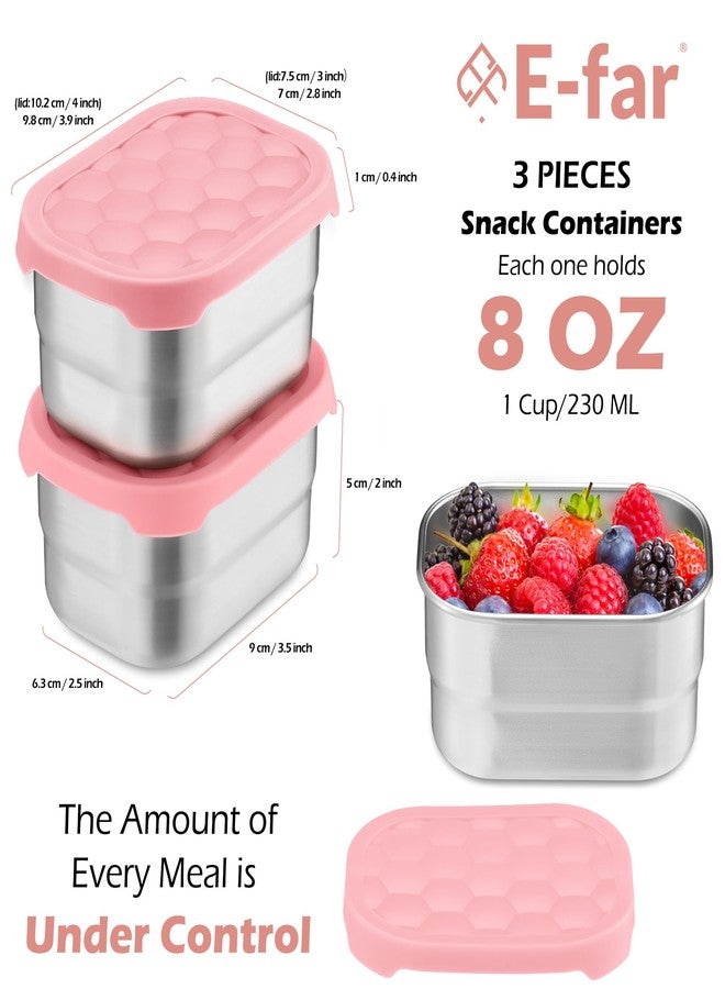 E-far Stainless Steel Snack Containers for Kids and Toddlers, 8oz Small Food Storage Container with Leak-proof Silicone Lid, Metal Child Lunch Box for School Daycare Picnic, 3 Packs, Pink - Image 2