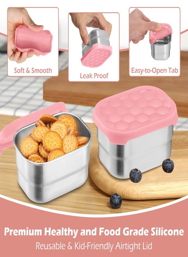 E-far Stainless Steel Snack Containers for Kids and Toddlers, 8oz Small Food Storage Container with Leak-proof Silicone Lid, Metal Child Lunch Box for School Daycare Picnic, 3 Packs, Pink - Image 4