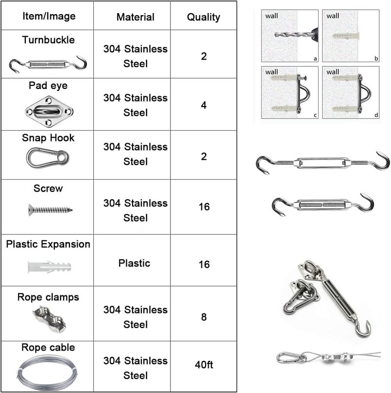 BEAYFILY Sun Shade Hardware Kit for Rectangle and Square Sun Shade Sails Installation,5 inch Heavy Duty Anti-Rust Sail Shade Hardware Kit with 50 ft Cable Wire Ropes - Image 5