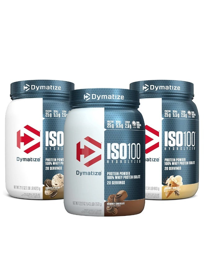 Dymatize ISO100 Whey Protein Powder Bundle – 20 Servings, 3 Flavors Pack (Cookies & Cream, Gourmet Chocolate & Gourmet Vanilla) - Image 1