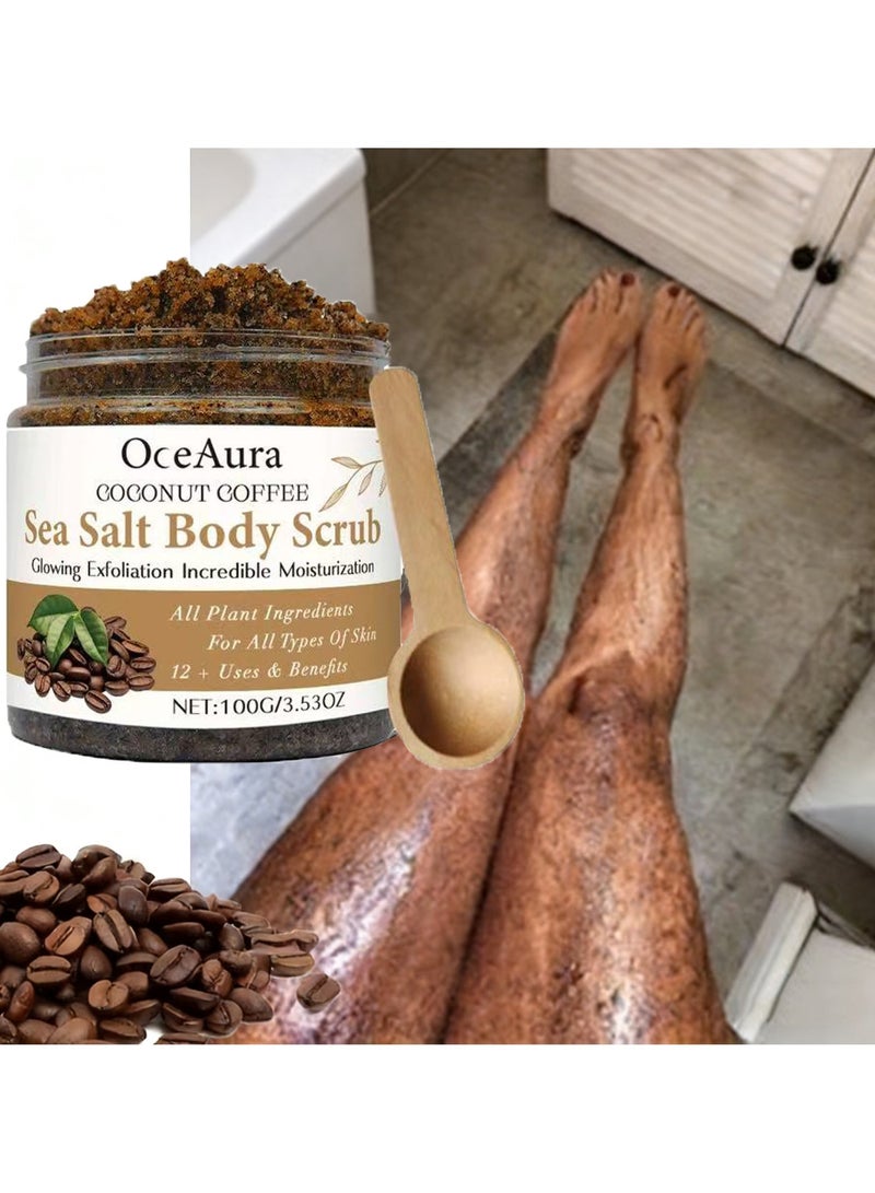  اوساورا مقشر الجسم بالقهوة وملح البحر، مقشر منشط، لبشرة ناعمة وملساء | بزيت جوز الهند، يزيل الأوساخ والجلد الميت من الرقبة والركبتين والمرفقين والذراعين للنساء والرجال، تقشير لطيف، مقشر القهوة، روتين يومي للعناية بالبشرة، 220 غرام - Image 1
