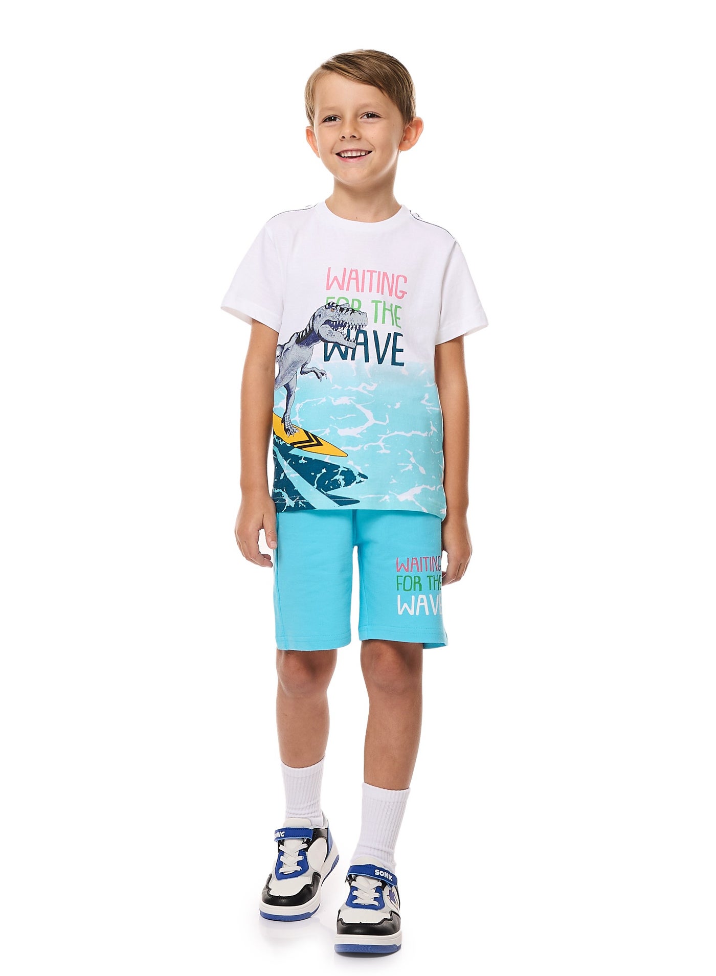Victor and Jane Dinosaur Set T-Shirt & Pull-On Shorts - White & Blue