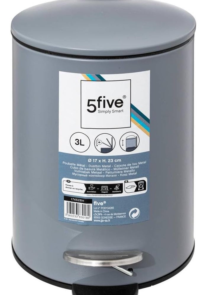 5 five simply smart 5five Metal Waste Bin Soft Close 3L Colorama Grey - Image 2
