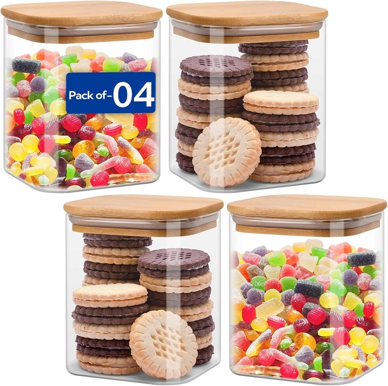 MARKQ برطمان تخزين زجاجي بغطاء من الخيزران، 1000 مل، 10x10 سم – حاوية مربعة محكمة الإغلاق للسكر، الشاي، القهوة، الوجبات الخفيفة، الفواكه المجففة وتخزين المطبخ، عبوة من 4 - Image 1