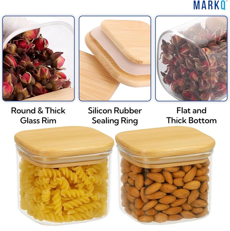 MARKQ برطمان تخزين زجاجي بغطاء من الخيزران، 1000 مل، 10x10 سم – حاوية مربعة محكمة الإغلاق للسكر، الشاي، القهوة، الوجبات الخفيفة، الفواكه المجففة وتخزين المطبخ، عبوة من 4 - Image 3