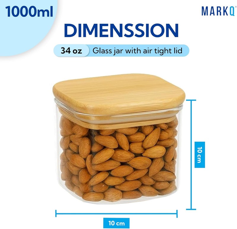 MARKQ برطمان تخزين زجاجي بغطاء من الخيزران، 1000 مل، 10x10 سم – حاوية مربعة محكمة الإغلاق للسكر، الشاي، القهوة، الوجبات الخفيفة، الفواكه المجففة وتخزين المطبخ، عبوة من 4 - Image 2