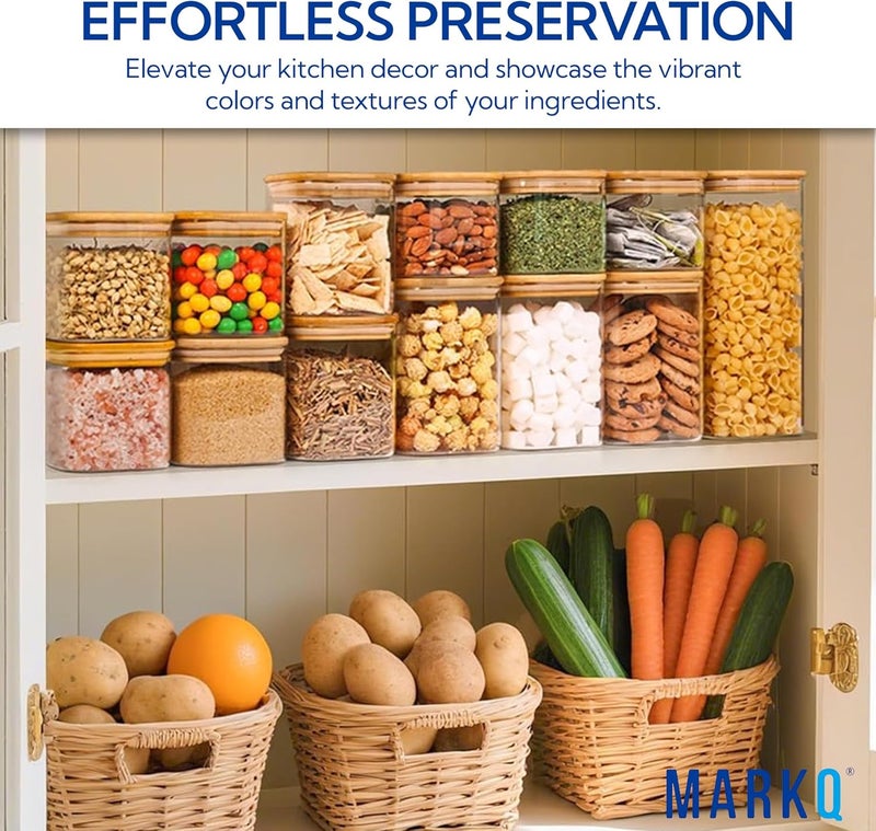 MARKQ برطمان تخزين زجاجي بغطاء من الخيزران، 1000 مل، 10x10 سم – حاوية مربعة محكمة الإغلاق للسكر، الشاي، القهوة، الوجبات الخفيفة، الفواكه المجففة وتخزين المطبخ، عبوة من 4 - Image 5