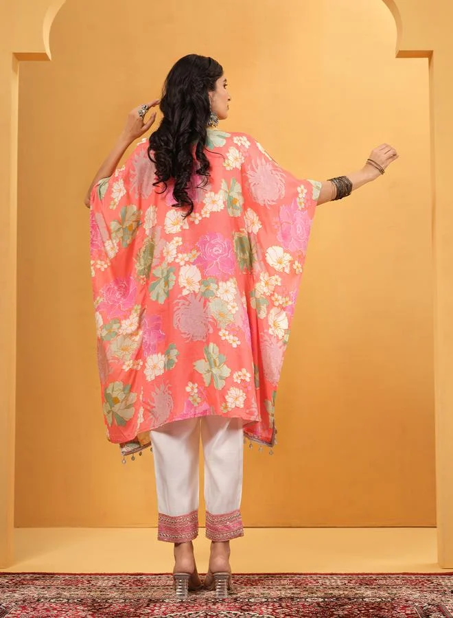 ISHIN Women's Pink Shantoon Embellished A-Line Kaftan Upperwear Calf Length Palazzo Bottomwear Flowy 2 Peice Kurta Set