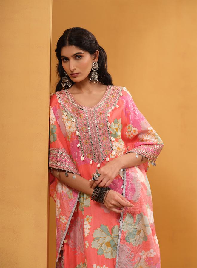 ISHIN Women's Pink Shantoon Embellished A-Line Kaftan Upperwear Calf Length Palazzo Bottomwear Flowy 2 Peice Kurta Set - Image 5