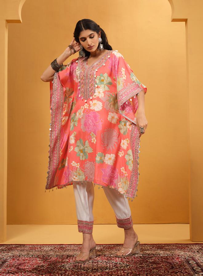 ISHIN Women's Pink Shantoon Embellished A-Line Kaftan Upperwear Calf Length Palazzo Bottomwear Flowy 2 Peice Kurta Set - Image 1