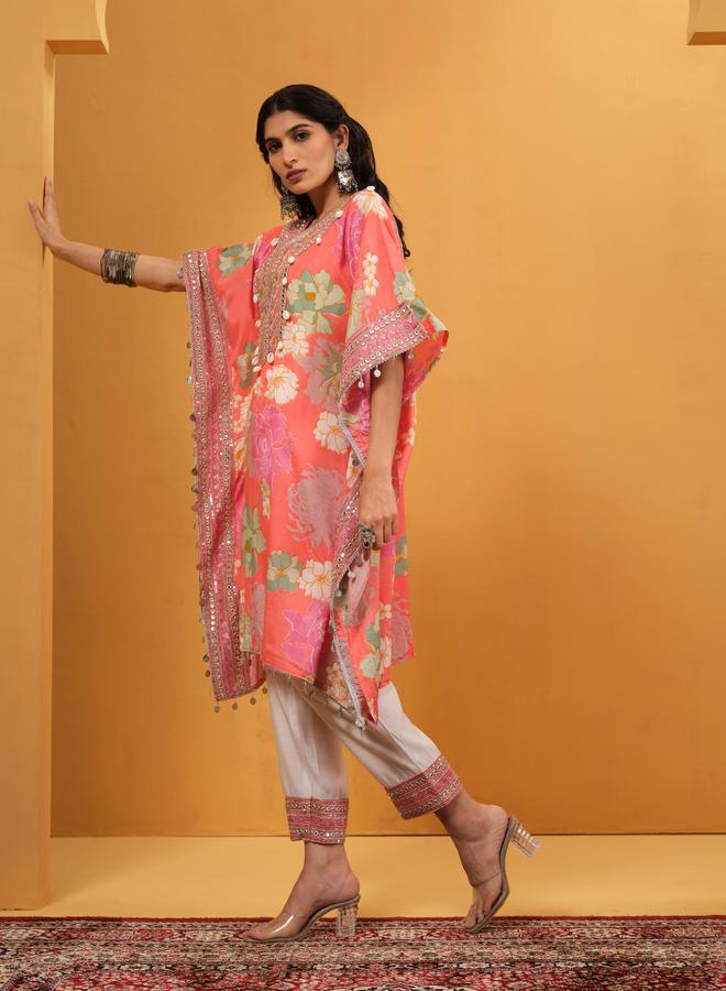 ISHIN Women's Pink Shantoon Embellished A-Line Kaftan Upperwear Calf Length Palazzo Bottomwear Flowy 2 Peice Kurta Set - Image 3